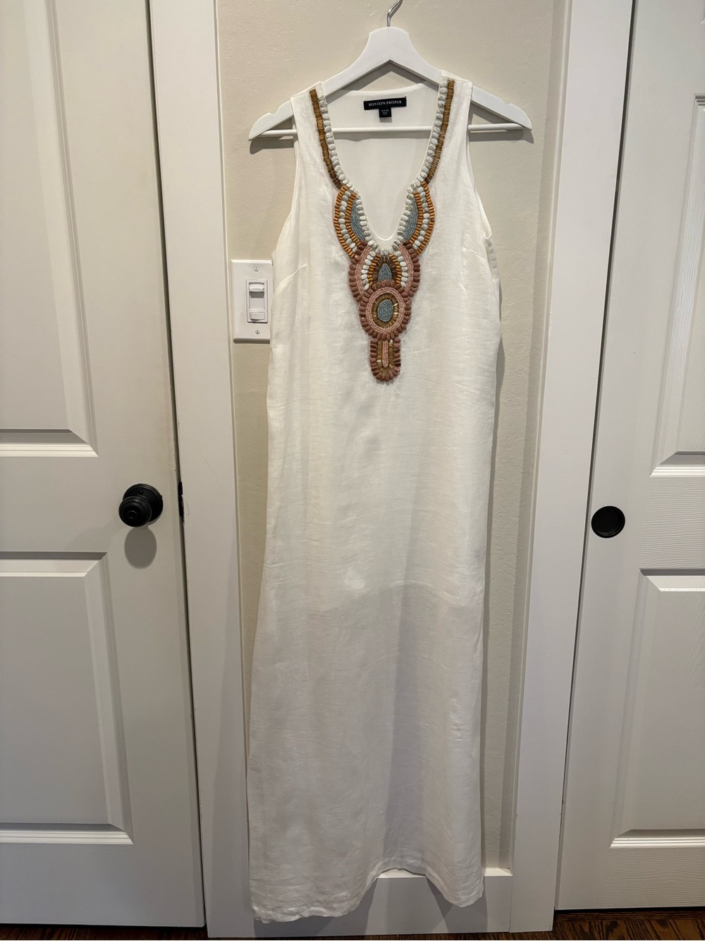 Boston Proper Linen Embellished Beaded Maxi Dress White - Size XS